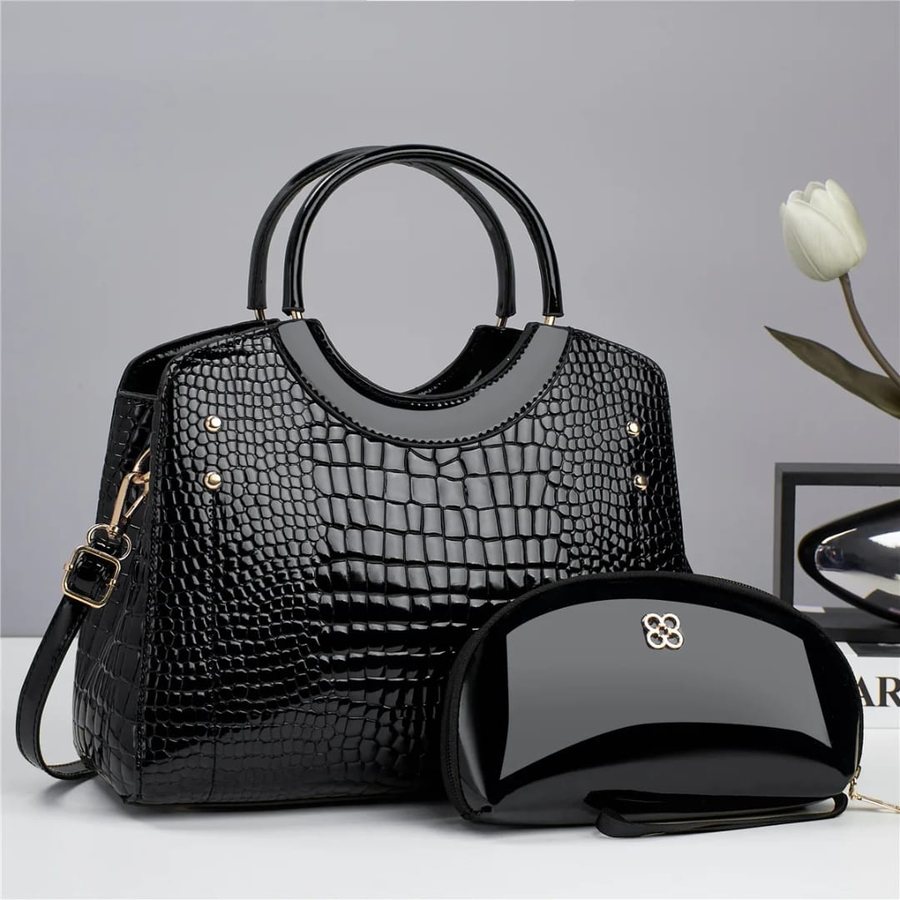 Black croc dome satchel with matching pouch