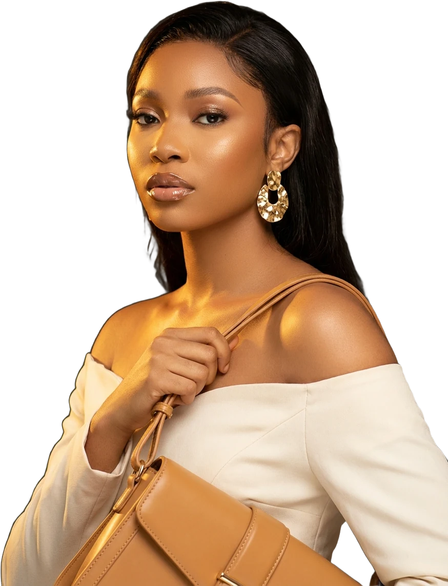 Model holding a camel-tan leather handbag